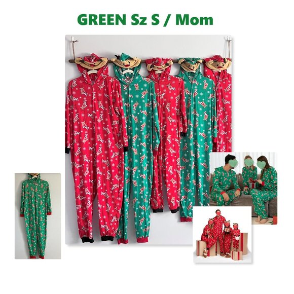 Matching Family Pajamas Reindeer Antler Zipper Onesie GREEN SZ S / MOM - Picture 2 of 11